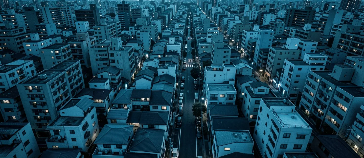 青く染まった東京の住宅街を上空から撮影した夜景