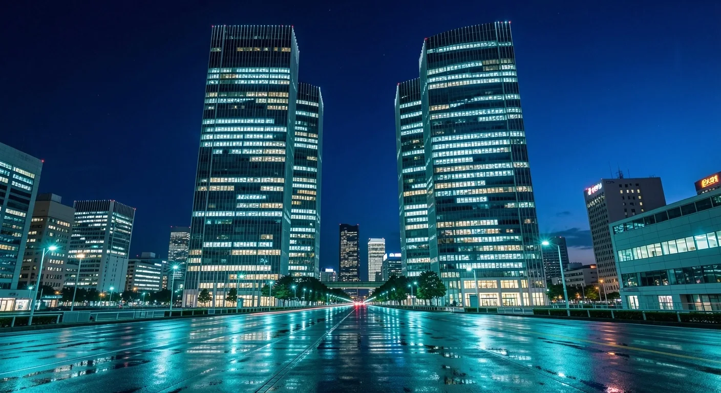 夜の東京都心のオフィス街の長時間露出写真